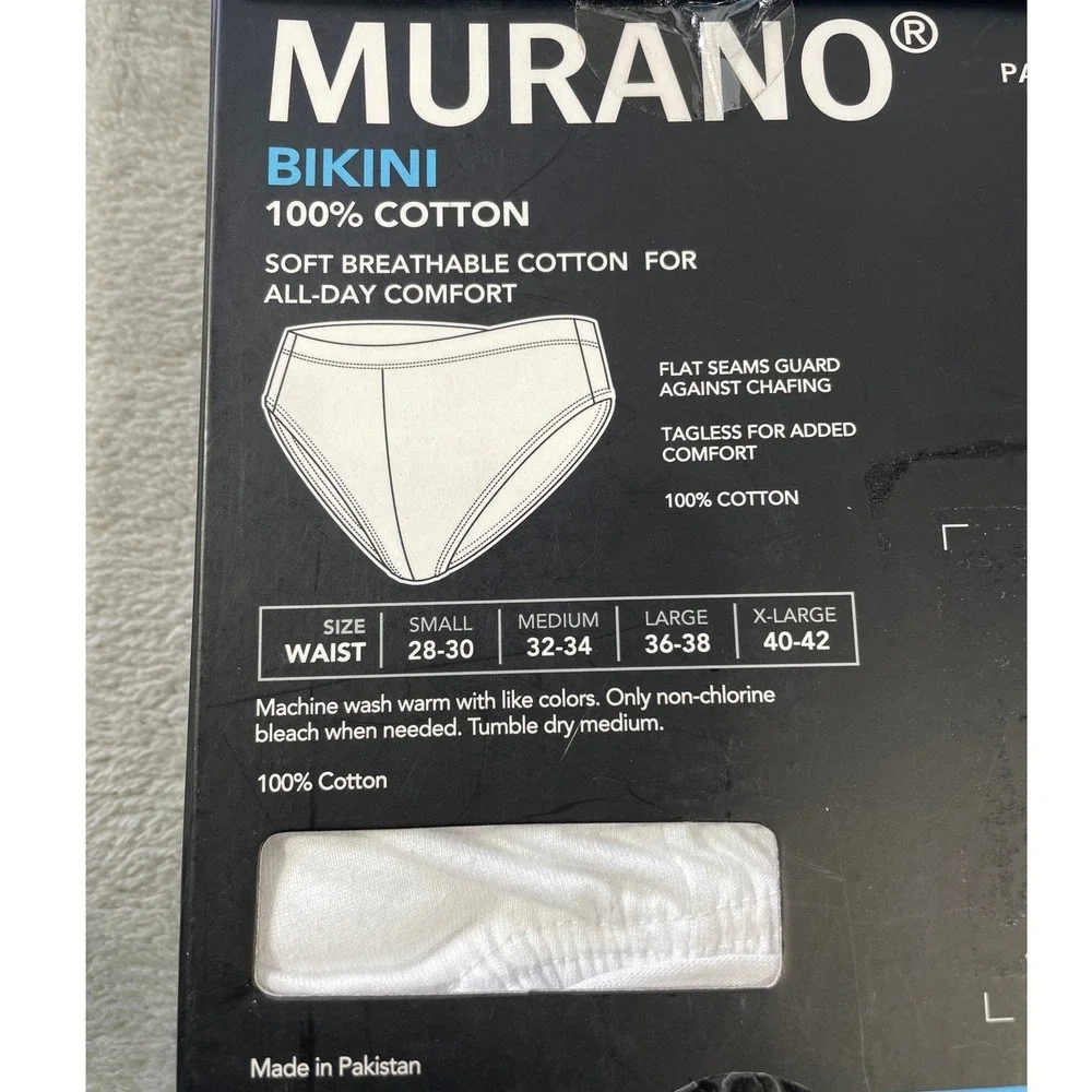 Murano Bikini Briefs 3 Pack Mens Large White 100% Cotton Underwear‎ Tagless